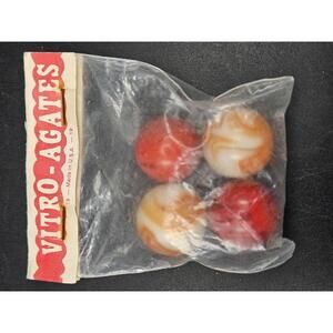Vintage Vitro Agate 4-Pack Marbles Sealed NOS 19c Card Red/Orange Swirls